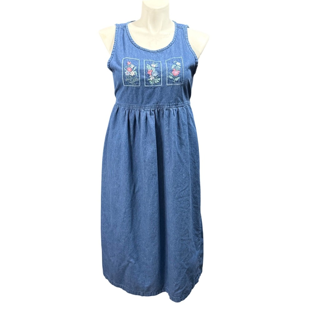Vintage Erika & Co Womens Large Blue Denim Floral Embroidered Midi Dress Cotton